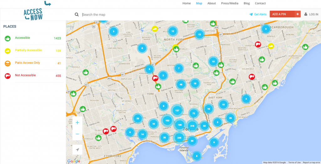 interface of accessnow - map showing locations that are fully, partially, patio or not accessible.