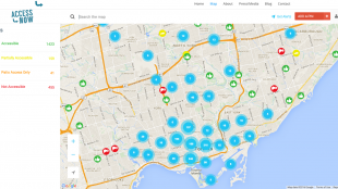 interface of accessnow - map showing locations that are fully, partially, patio or not accessible.