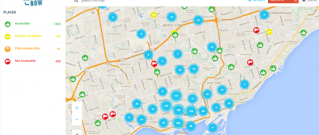 interface of accessnow - map showing locations that are fully, partially, patio or not accessible.