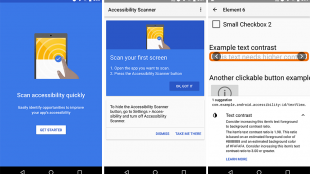 screenshots showing instructions on how to use accessibility scanner and the results it shows.