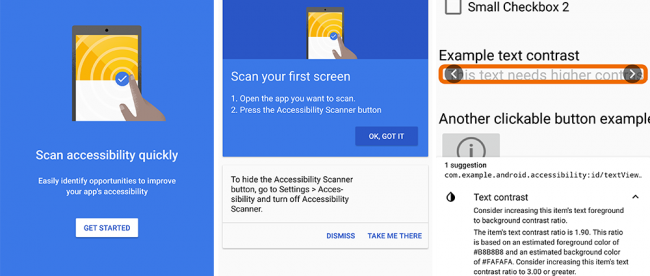 screenshots showing instructions on how to use accessibility scanner and the results it shows.