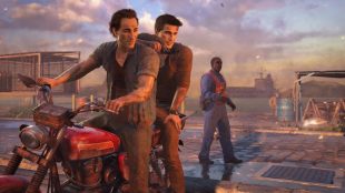 screenshot from uncharted 2. Two men on a motorcycle with a third person in the background.