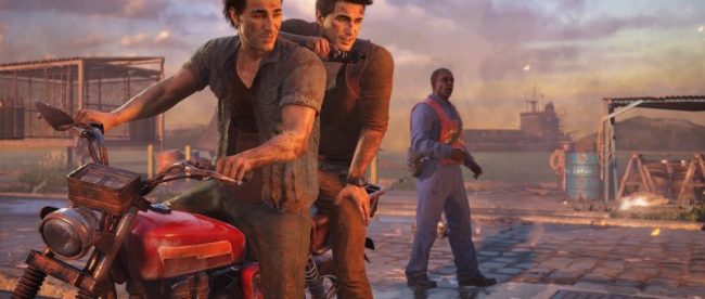 screenshot from uncharted 2. Two men on a motorcycle with a third person in the background.