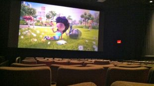 photo of a movie being shown at a movie theater. There are empty seats everywhere.