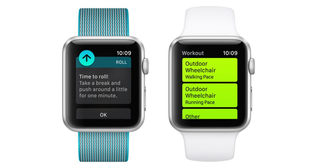 two apple watches showing different screens. One shows "time to roll! take a break and push around a little for one minute". The other shows activity tracking options for wheelchair users - "outdoor wheelchair walking pace" and "outdoor wheelchair running pace".