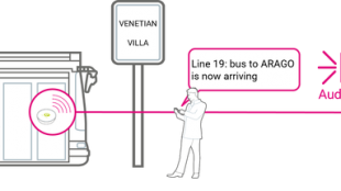 Details of the next bus are given in real time based on the detection range of the BLE beacon approaching the person's smartphone at the bus stop.