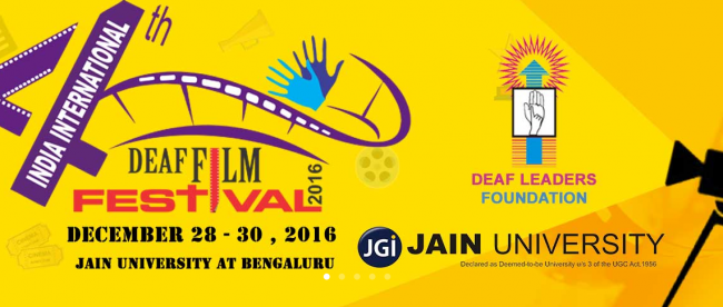 image shows logo of india international deaf film festival along with dates and location (28 - 30 december 2016 in benagluru, india)