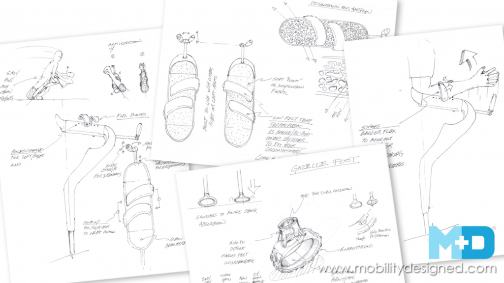 drawings of m+d crutches at various stages of prototyping