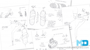 drawings of m+d crutches at various stages of prototyping