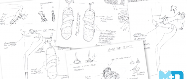 drawings of m+d crutches at various stages of prototyping