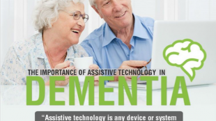 an elderly woman and man looking at a computer screen and smiling. Image caption: the importance of assistive technology in dementia. Next line: "assistive technology is any device or support system that can assist people who have difficulties in carrying our everyday activities.