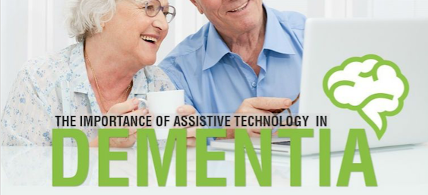 an elderly woman and man looking at a computer screen and smiling. Image caption: the importance of assistive technology in dementia. Next line: 