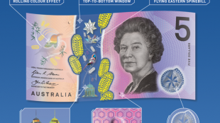 image shows the new Australian $5 note and describes all the new features - rolling color effect, top to bottom window, flying eastern spinebill, reversing 5, tactile feature, and federation star.