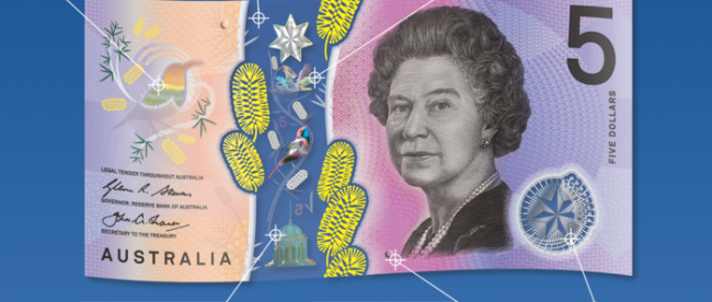 image shows the new Australian $5 note and describes all the new features - rolling color effect, top to bottom window, flying eastern spinebill, reversing 5, tactile feature, and federation star.