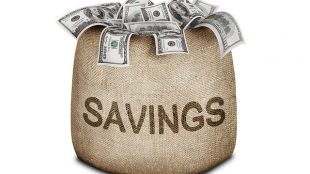 a sack with the word "savings" printed on front is shown with dollar bills overflowing out of it.