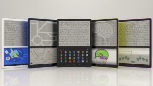 photo of five blitabs placed side by side. First shows an animated graphic in the bottom screen, second shows a map, third shows menu of apps, fourth shows an image of the human brain, and fifth shows an input screen where text can be entered using on screen braille keyboard. Content displayed on the bottom screen is shown in braille on the top screen of each Blitab.