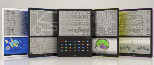 photo of five blitabs placed side by side. First shows an animated graphic in the bottom screen, second shows a map, third shows menu of apps, fourth shows an image of the human brain, and fifth shows an input screen where text can be entered using on screen braille keyboard. Content displayed on the bottom screen is shown in braille on the top screen of each Blitab.