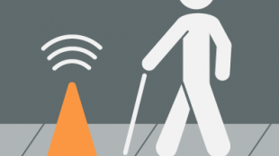 animated photo of a blind man with a cane walking towards a traffic cone. The traffic cone is an abstraction in his path.