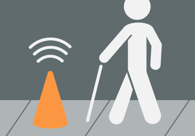 animated photo of a blind man with a cane walking towards a traffic cone. The traffic cone is an abstraction in his path.