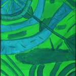 painting titled "Garden Map" by Chris Drake. This painting has patterns in green and blue, and looks like a garden.
