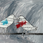 painting titled "melody love birds" by genevieve hoover. This painting has two birds standing on what seems like a tree branch and facing each other. The birds are made of musical notes and the background of the painting is gray.