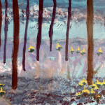 painting titled "Beauty in the Woods" by Genevieve Hoover. This painting is of a scene in a forest with trees and yellow flowers.