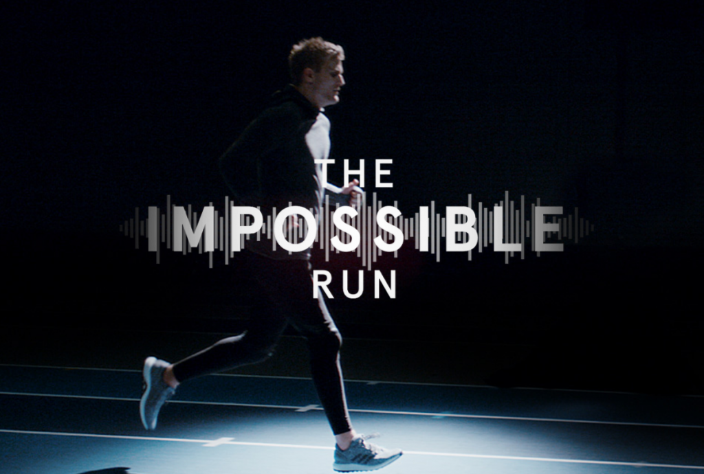 Photo of Oscar, who is blind, is seen running straight on a track with the text "The Impossible Run" displayed in the middle.