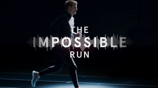 Photo of Oscar, who is blind, is seen running straight on a track with the text "The Impossible Run" displayed in the middle.