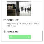 Screen shows trace being recorded. It has an image of the indoor place this person is in, and also shows that 123 steps have been taken, 3 turns, and 1 level.
