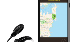 Photo of Cochlear implant placed right next to an iPhone. On the iPhone is a "find my phone" type of screen that shows a pin plotted on a map, indicating the cochlear implant's location.