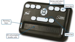 a picture of portable braille reader orbit reader 20 with descriptions for each button.