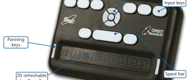 a picture of portable braille reader orbit reader 20 with descriptions for each button.