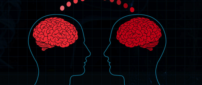 a graphic depicting two brains connected to each other. Two human outlines are shown facing each other. The connection between the two brains is shown via dots.