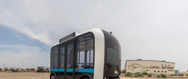 A photo of self driving bus Olli