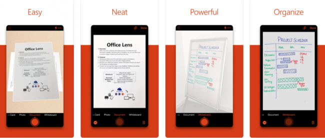 image showing the office lens app taking photos of documents and whiteboards and converting them to electronic formats.