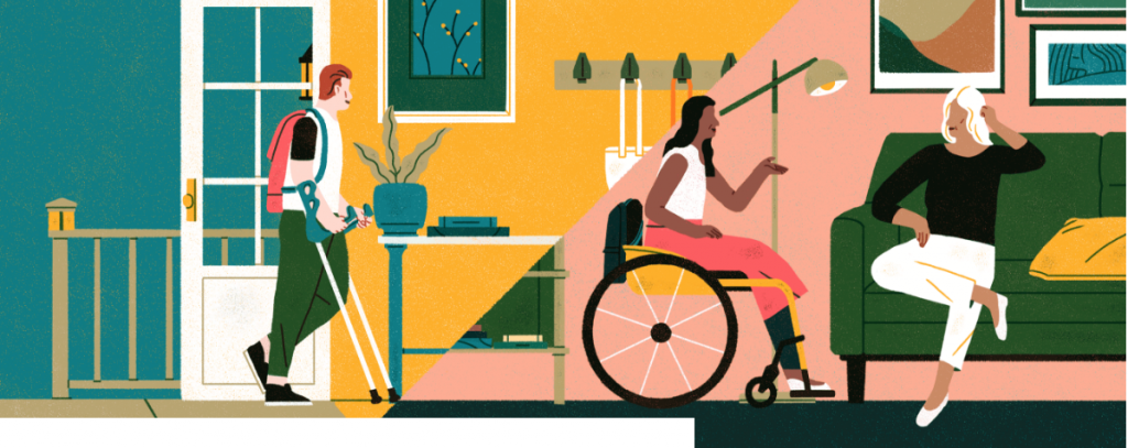 An image depicting a person in a wheelchair, a person with crutches, and a person sitting on a sofa inside a house, basically highlighting people with disabilities staying at an airbnb location.