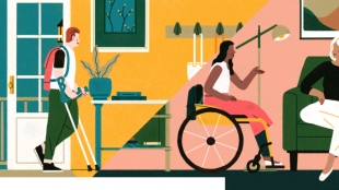 An image depicting a person in a wheelchair, a person with crutches, and a person sitting on a sofa inside a house, basically highlighting people with disabilities staying at an airbnb location.