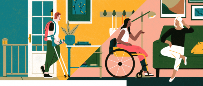 An image depicting a person in a wheelchair, a person with crutches, and a person sitting on a sofa inside a house, basically highlighting people with disabilities staying at an airbnb location.