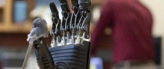 a prosthetic hand shown with e-dermis on its fingertips.