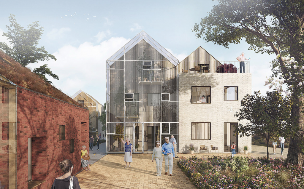 photo showing a mock up of co-existence village in denmark. this photo shows elderly people walking around, and doing leisurely activities in the village. Some of them are seen walking, one is seen sitting with a basket in her hand, one man is seen on the roof of a building. The scene depicts a quite environment where elderly people with dementia and Alzheimer's can feel at home.