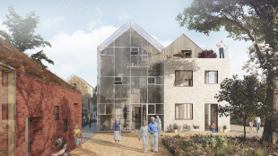 photo showing a mock up of co-existence village in denmark. this photo shows elderly people walking around, and doing leisurely activities in the village. Some of them are seen walking, one is seen sitting with a basket in her hand, one man is seen on the roof of a building. The scene depicts a quite environment where elderly people with dementia and Alzheimer's can feel at home.