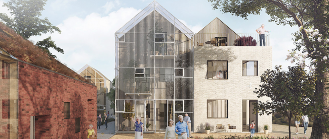 photo showing a mock up of co-existence village in denmark. this photo shows elderly people walking around, and doing leisurely activities in the village. Some of them are seen walking, one is seen sitting with a basket in her hand, one man is seen on the roof of a building. The scene depicts a quite environment where elderly people with dementia and Alzheimer's can feel at home.