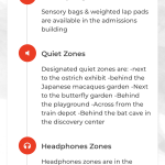 Details of a listed sensory location: Blank Park Zoo in Des Moines, IA. This screen lists features available at this location, namely, sensory bags, quiet zones and their locations, and headphone zones and their locations