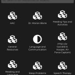 screen shows videos related to various topics - AAc, Dr. Marion Blank, feeding tips & activities, language & communication, PTSD, reading and language, sleep problems, speech therapy, toilet and hygiene, understanding behavior in autism, yoga for you and your child and general resources