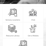 KultureCity app home screen shows five options: sensory locations, chat, resource library, get a lifeboks, suggest a sensory location.