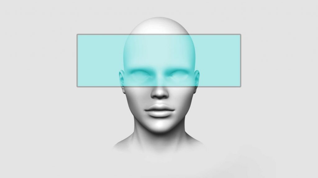 a graphic showing a teal colored transparent box around a face covering forehead and eyes.