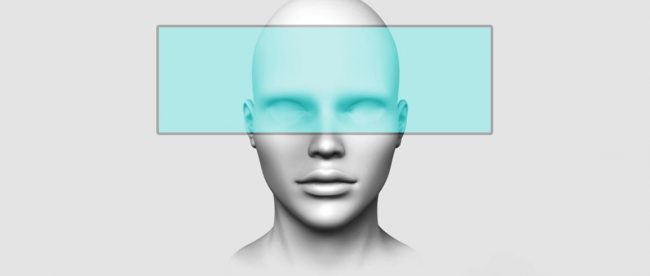 a graphic showing a teal colored transparent box around a face covering forehead and eyes.