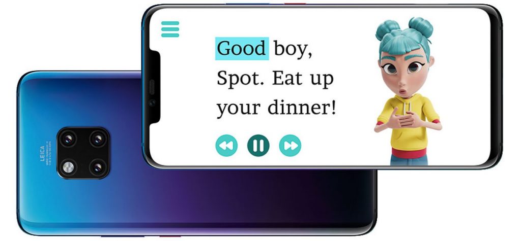 image shows text scanned from a book by the storysign app with the first word highlighted. Next to the text is Star, the digital avatar from StorySign that uses sign language to teach words to deaf children.