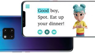 image shows text scanned from a book by the storysign app with the first word highlighted. Next to the text is Star, the digital avatar from StorySign that uses sign language to teach words to deaf children.