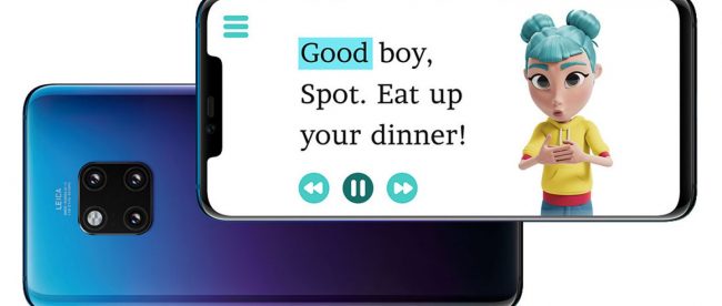 image shows text scanned from a book by the storysign app with the first word highlighted. Next to the text is Star, the digital avatar from StorySign that uses sign language to teach words to deaf children.